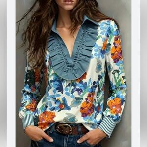 Floral Ruffle V-Neck Button Down Shirt - Blue/White size medium